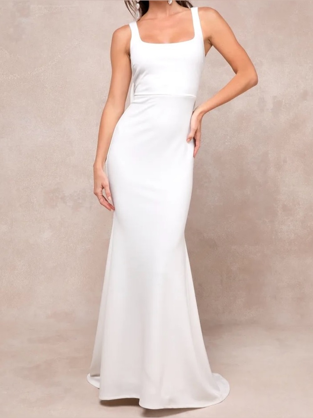 Lulus Loving Fate White Bow Square Neck Backless Maxi Dress – NWT – Bridal Gown